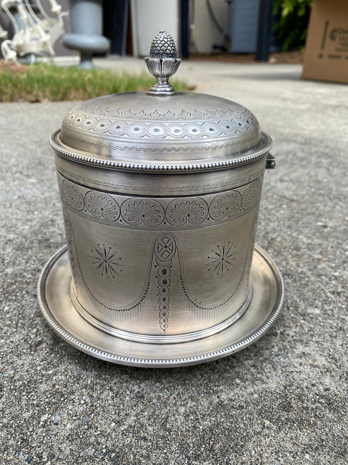 19th Century English Round Silvered Plated Biscuit Box, Artichoke Finial, Marked For Sale 2
