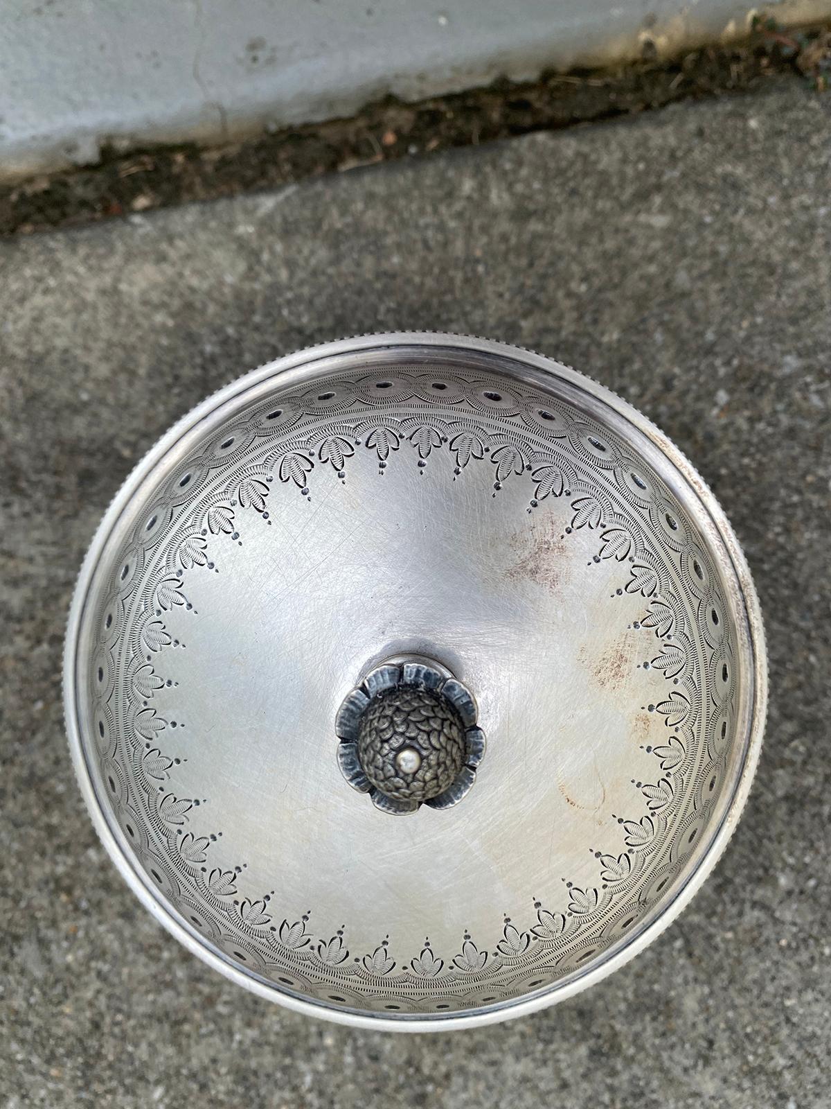 19th Century English Round Silvered Plated Biscuit Box, Artichoke Finial, Marked For Sale 3