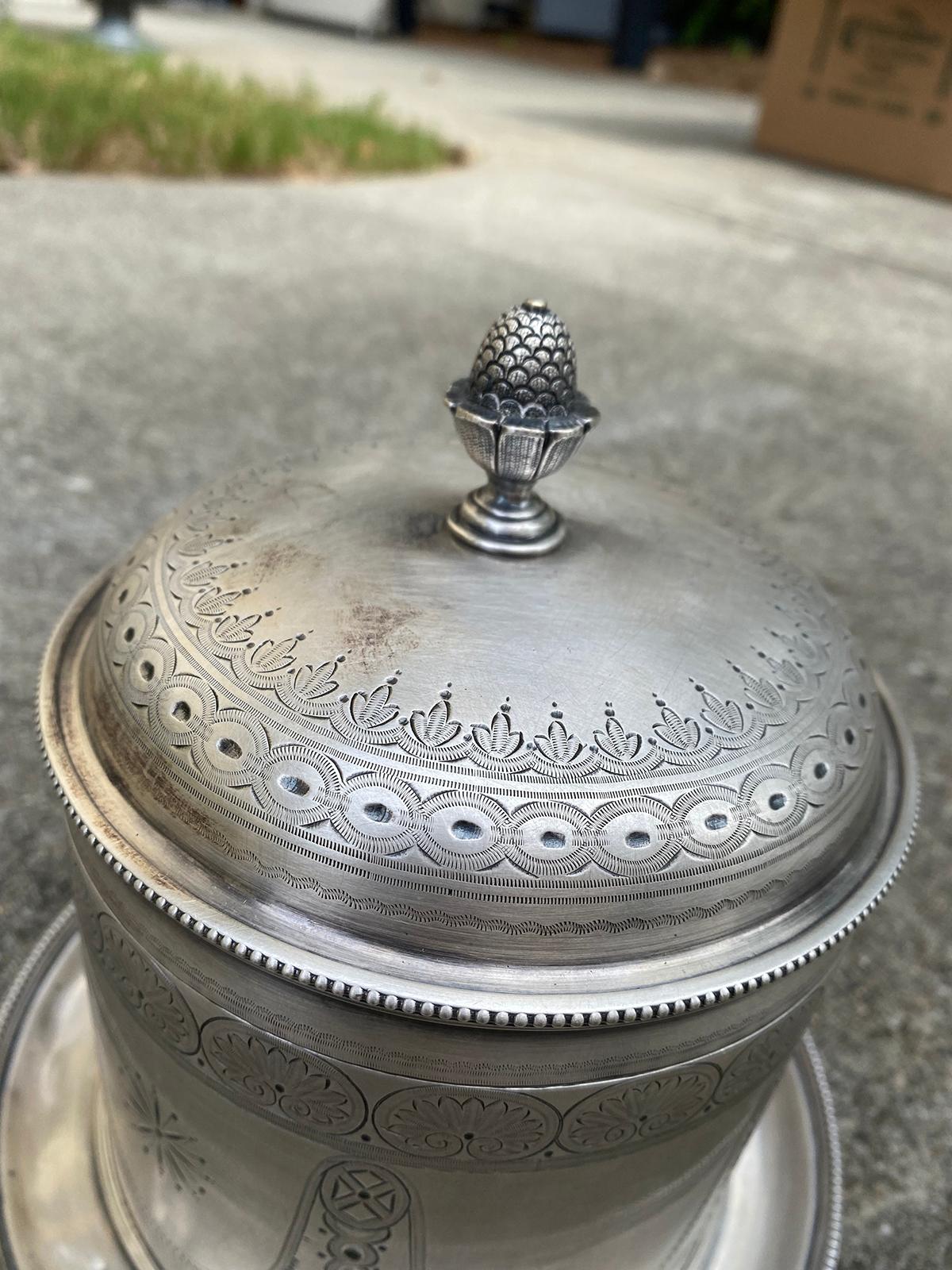 19th Century English Round Silvered Plated Biscuit Box, Artichoke Finial, Marked For Sale 4