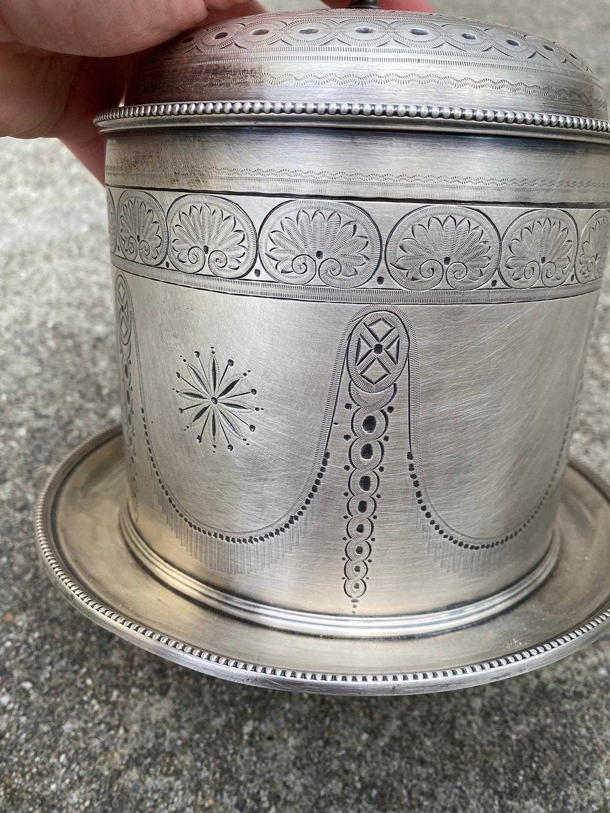 19th Century English Round Silvered Plated Biscuit Box, Artichoke Finial, Marked For Sale 5