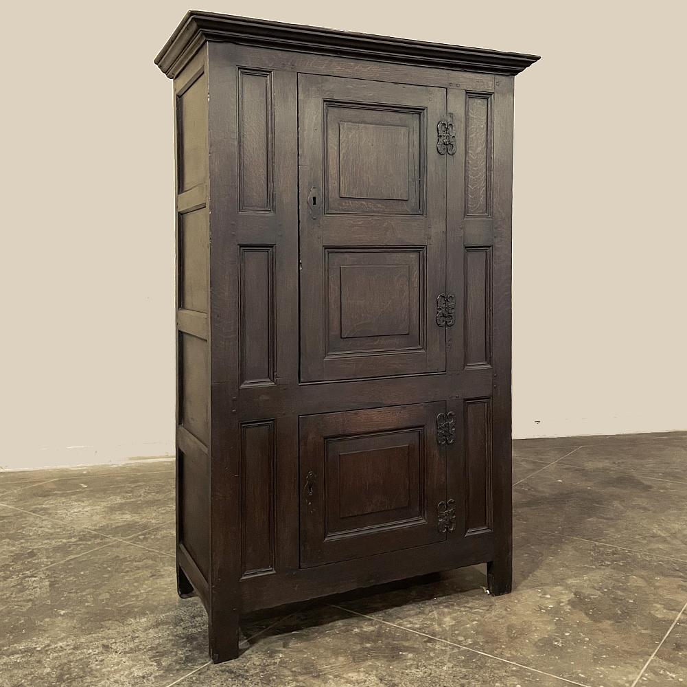 19th Century English Rustic wardrobe ~ cabinet features tailored lines with no less than 17 recessed panels appearing on all sides for an interesting effect. Top and bottom doors are hung with hand-forged steel hinges mounted outside, with steel key