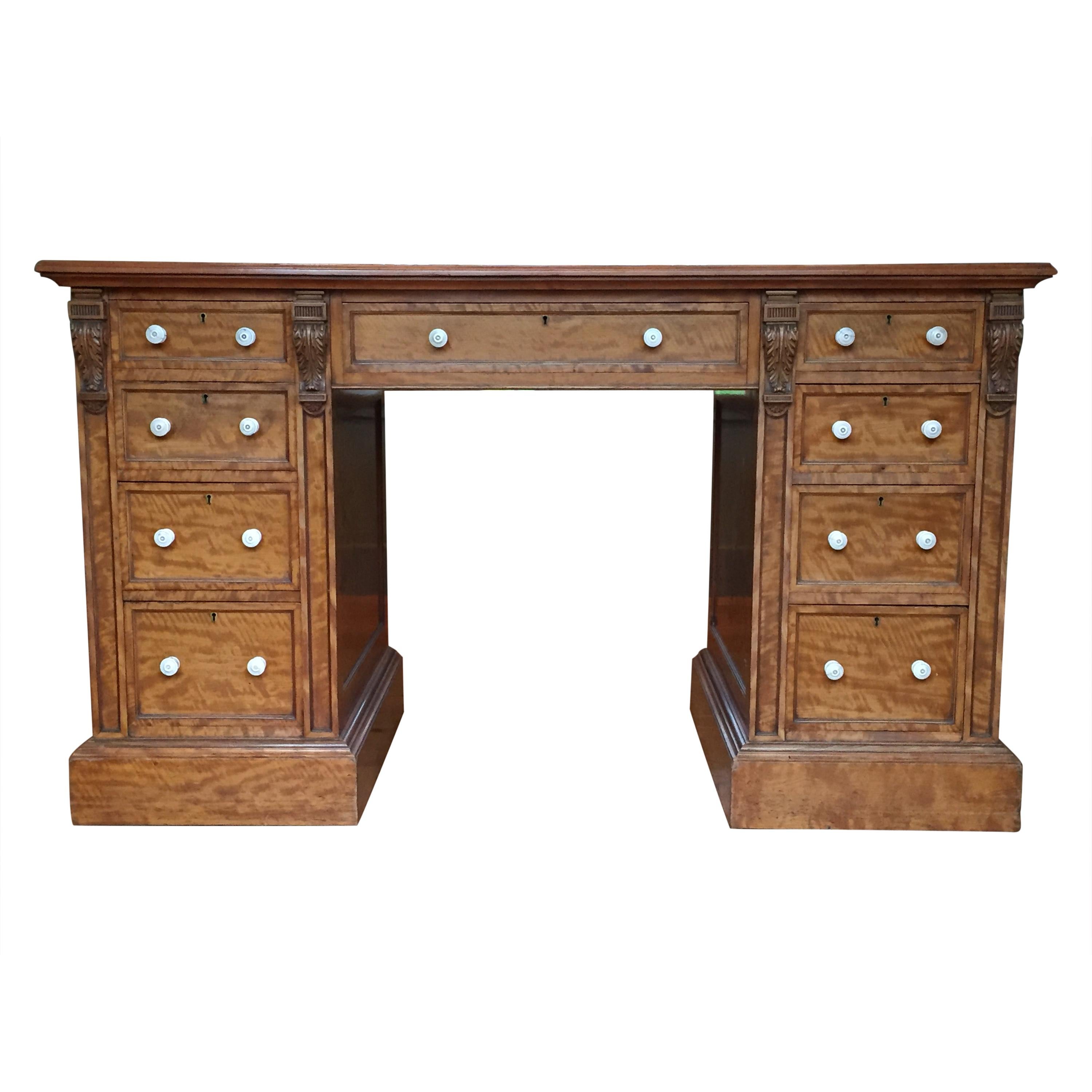 19th Century English Satinwood Pedestal Writing Desk with Original Leather Top For Sale