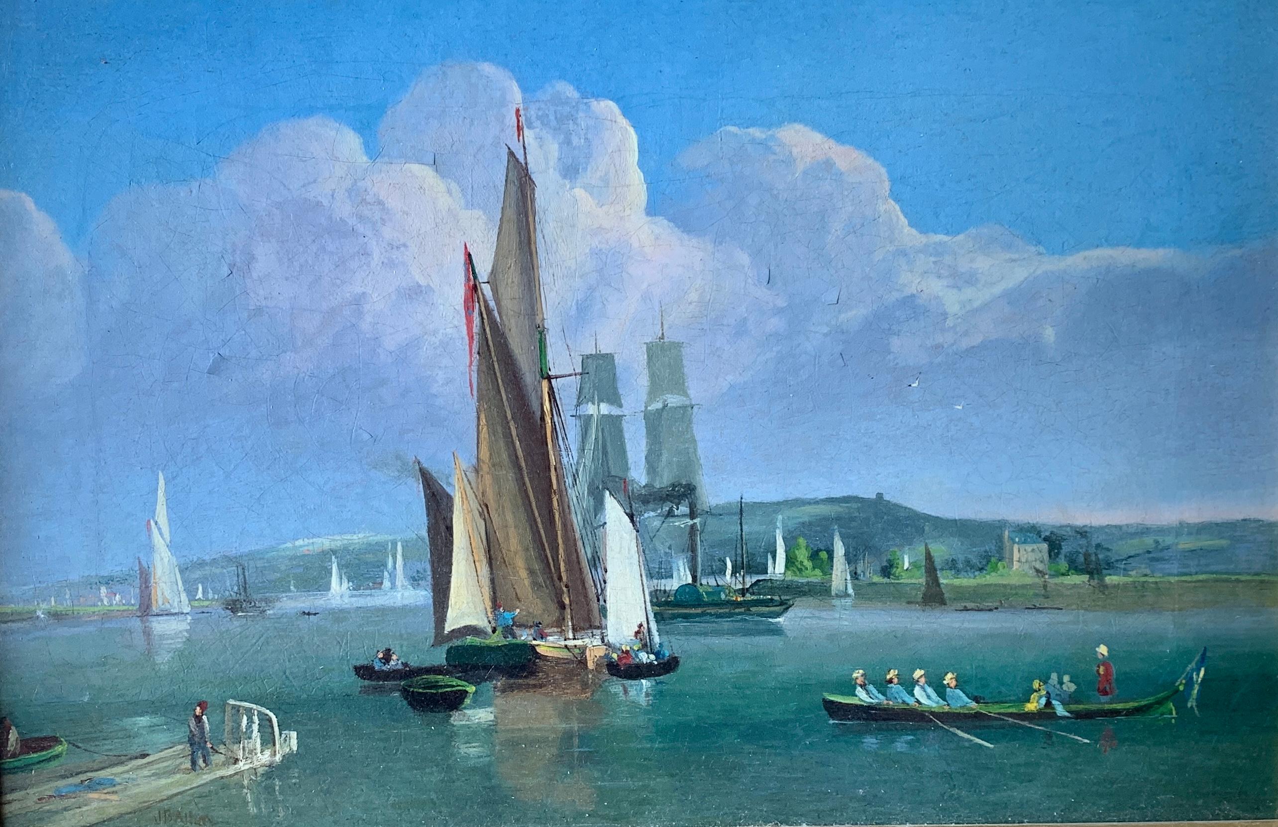 19th century English Boats on a river with sailing, rowing and a paddle boat - Painting by Unknown