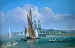 19th century English Boats on a river with sailing, rowing and a paddle boat