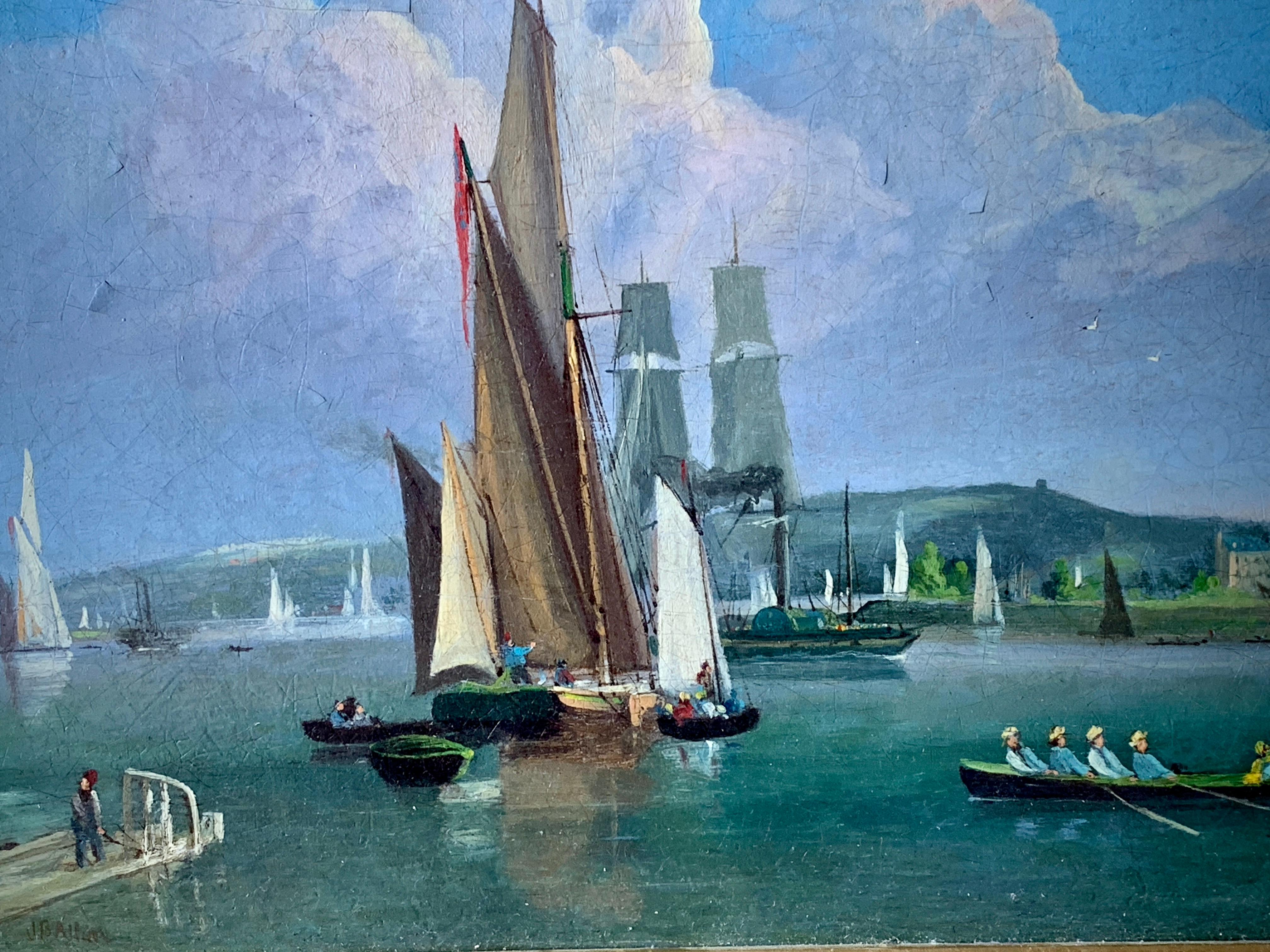 Des bateaux anglais du 19ème siècle sur une rivière avec des voiliers, des balanciers et un bateau à bascule - Victorien Painting par Unknown
