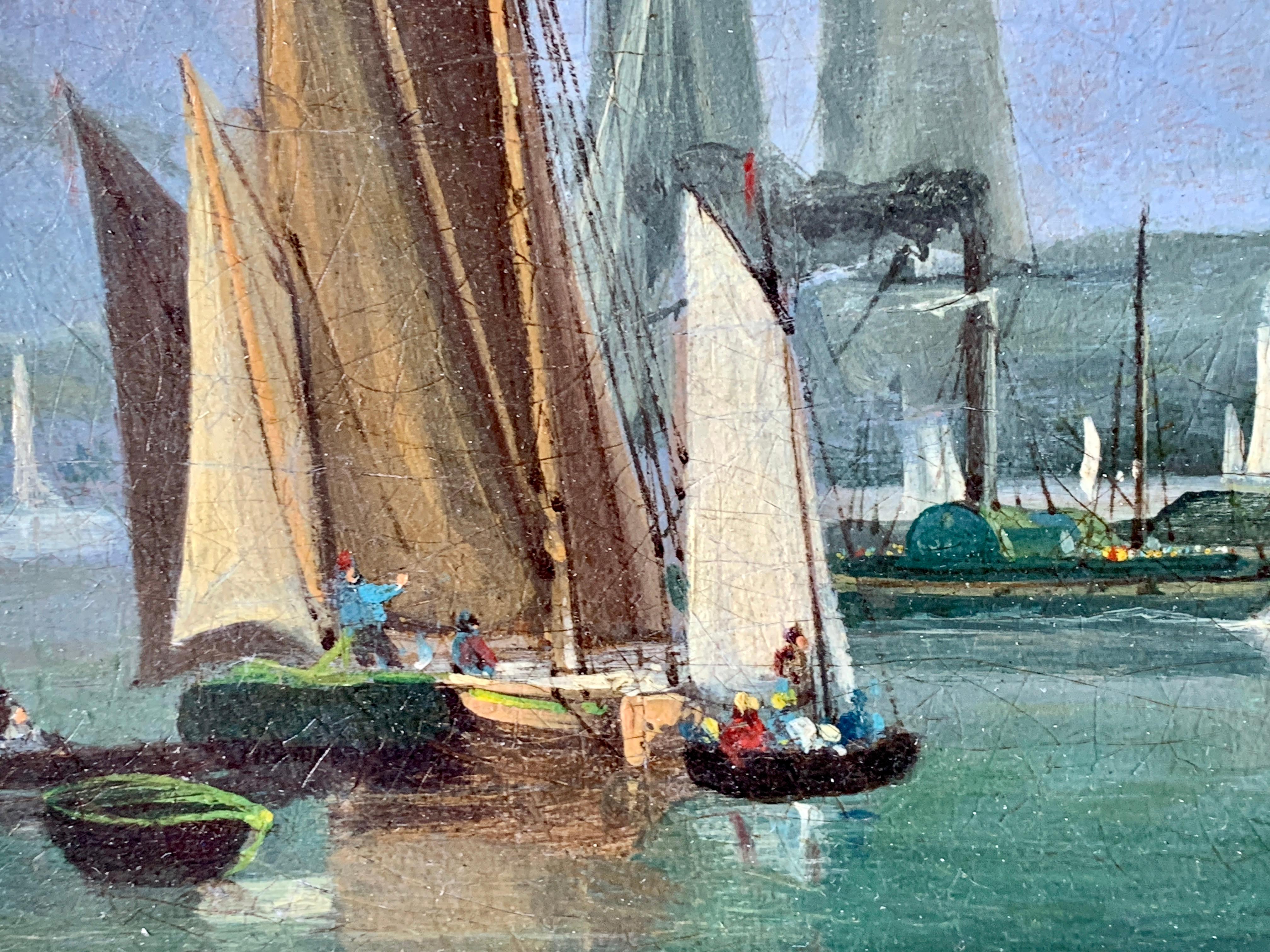Des bateaux anglais du 19ème siècle sur une rivière avec des voiliers, des balanciers et un bateau à bascule - Gris Landscape Painting par Unknown