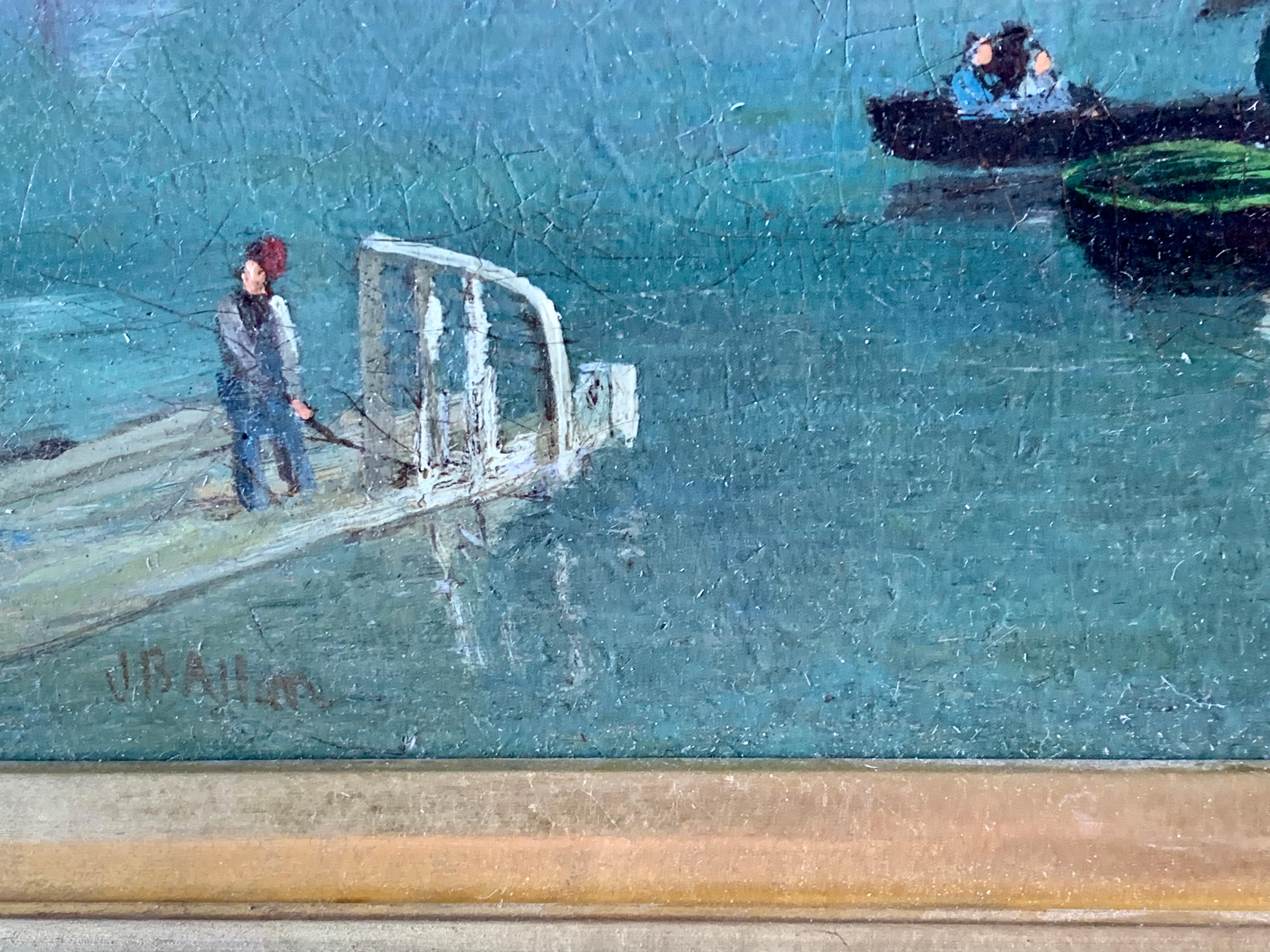 Très joli paysage fluvial anglais du 19e siècle avec des voiliers, un bateau à vapeur à pagaies et un équipage qui rame.

Peut-être une vue de la Tamise à Londres, cette pièce a un aspect d'art populaire plutôt que d'être peinte par un artiste
