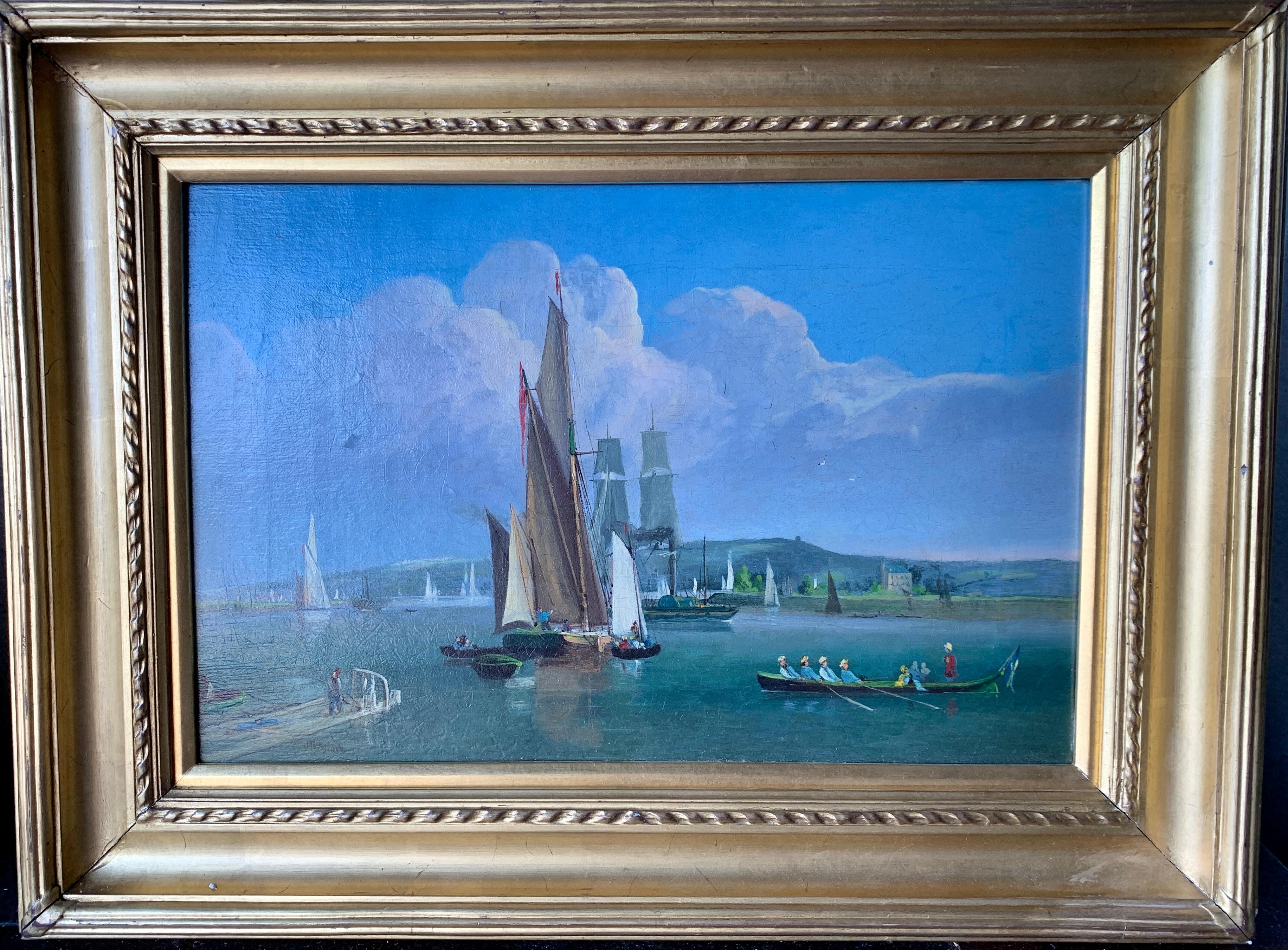 Landscape Painting Unknown - Des bateaux anglais du 19ème siècle sur une rivière avec des voiliers, des balanciers et un bateau à bascule