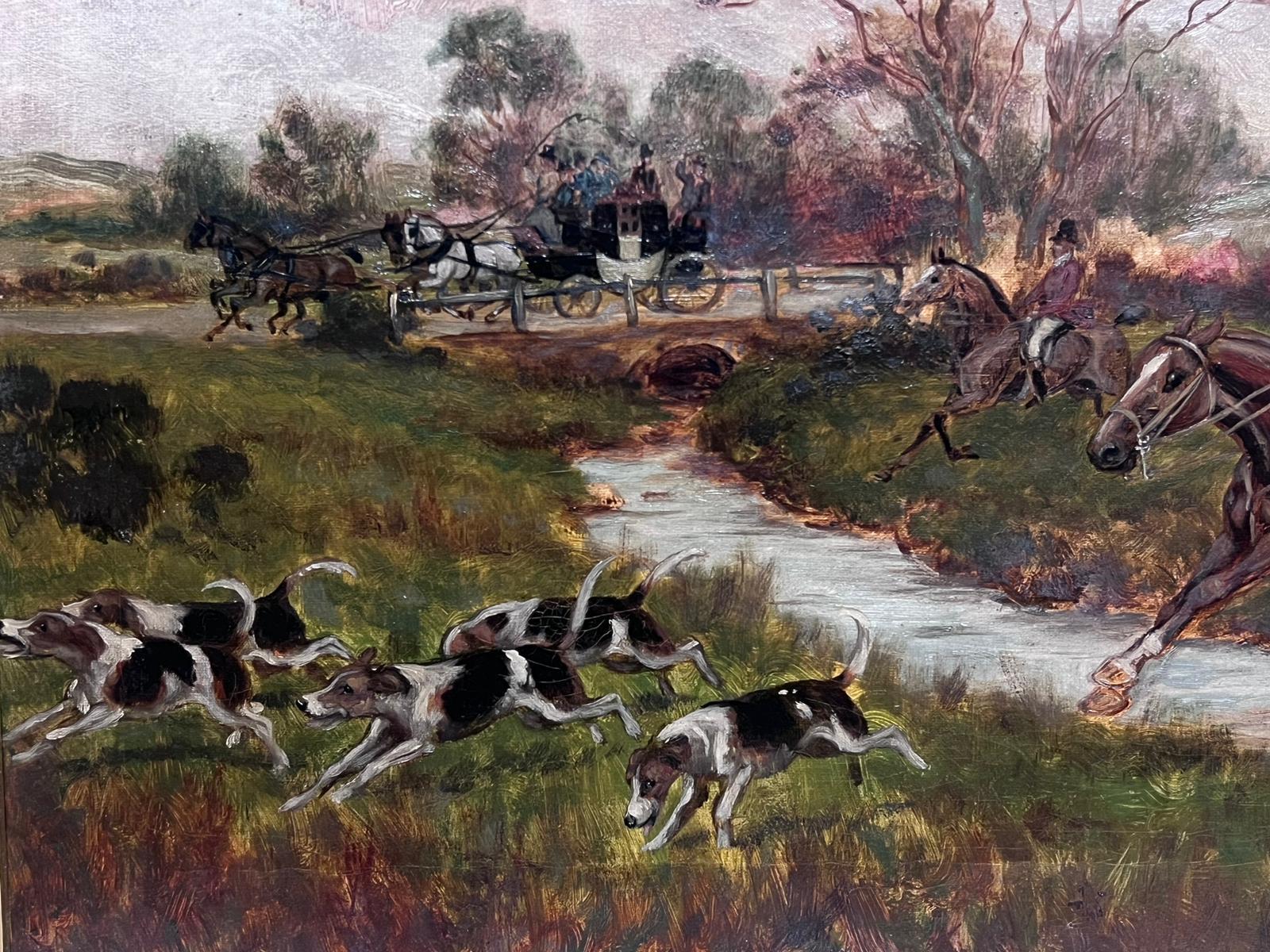 Antique English Fox Hunting Oil Painting Horses & Hounds Chasing through Fields 1