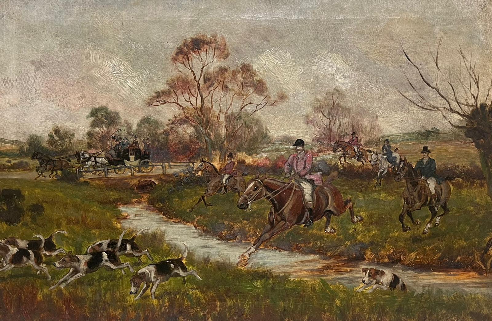 19th Century English School. Landscape Painting - Antique English Fox Hunting Oil Painting Horses & Hounds Chasing through Fields