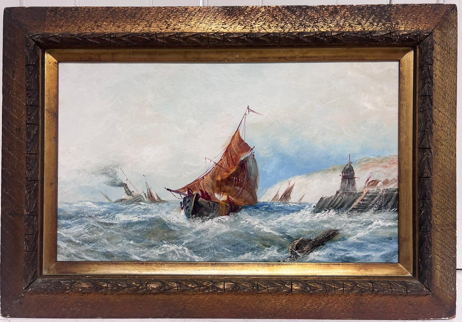 Antikes englisches Meeres-Ölgemälde, Versand in Rohsee vor der Hafenküste – Painting von 19th Century English School.