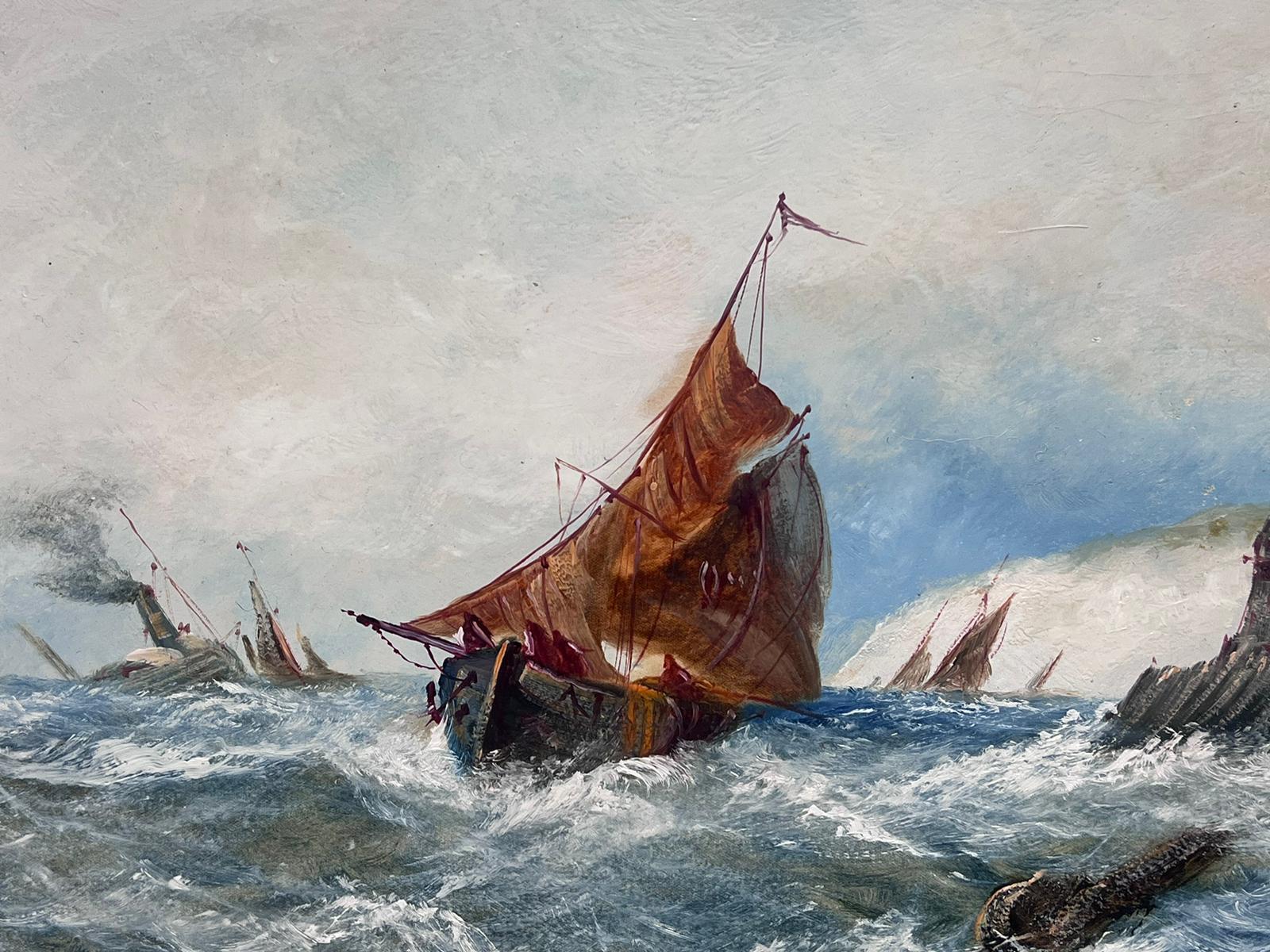 Antique English Marine Oil Painting Shipping in Rough Seas off Harbor Coast For Sale 1