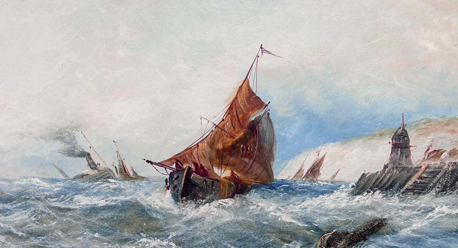 19th Century English School. Landscape Painting – Antikes englisches Meeres-Ölgemälde, Versand in Rohsee vor der Hafenküste