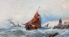 Antique English Marine Oil Painting Shipping in Rough Seas off Harbor Coast