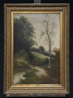 Antique English Signed Oil Woodland Pathway & Pool Gilt Framed Landscape