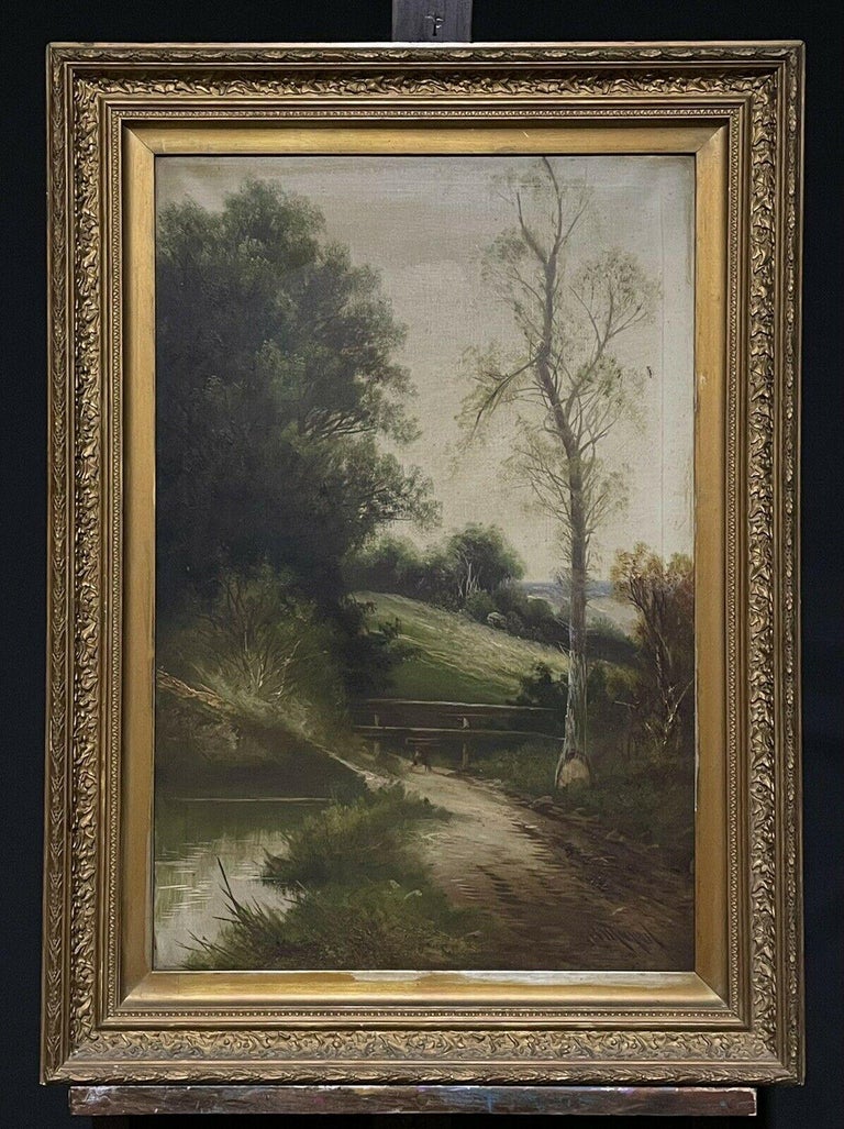 Unknown Still-Life Painting - Antique English Signed Oil Woodland Pathway & Pool Gilt Framed Landscape