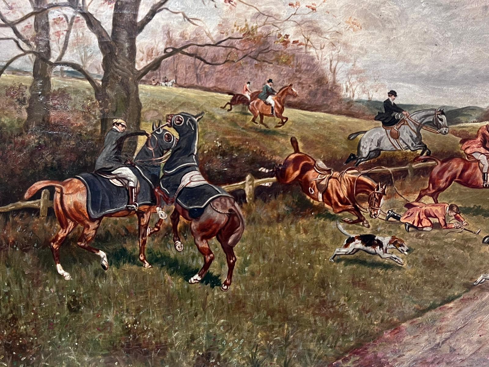 Fox Hunting English Landscape with Horses Riders & Hounds Oil Painting 1