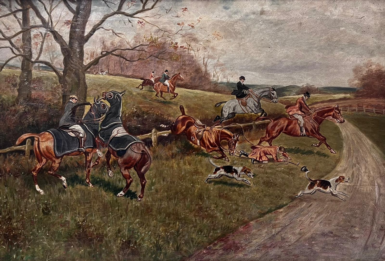 19th Century English School. Animal Painting - Fox Hunting English Landscape with Horses Riders & Hounds Oil Painting
