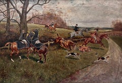 Fox Hunting English Landscape with Horses Riders & Hounds Oil Painting