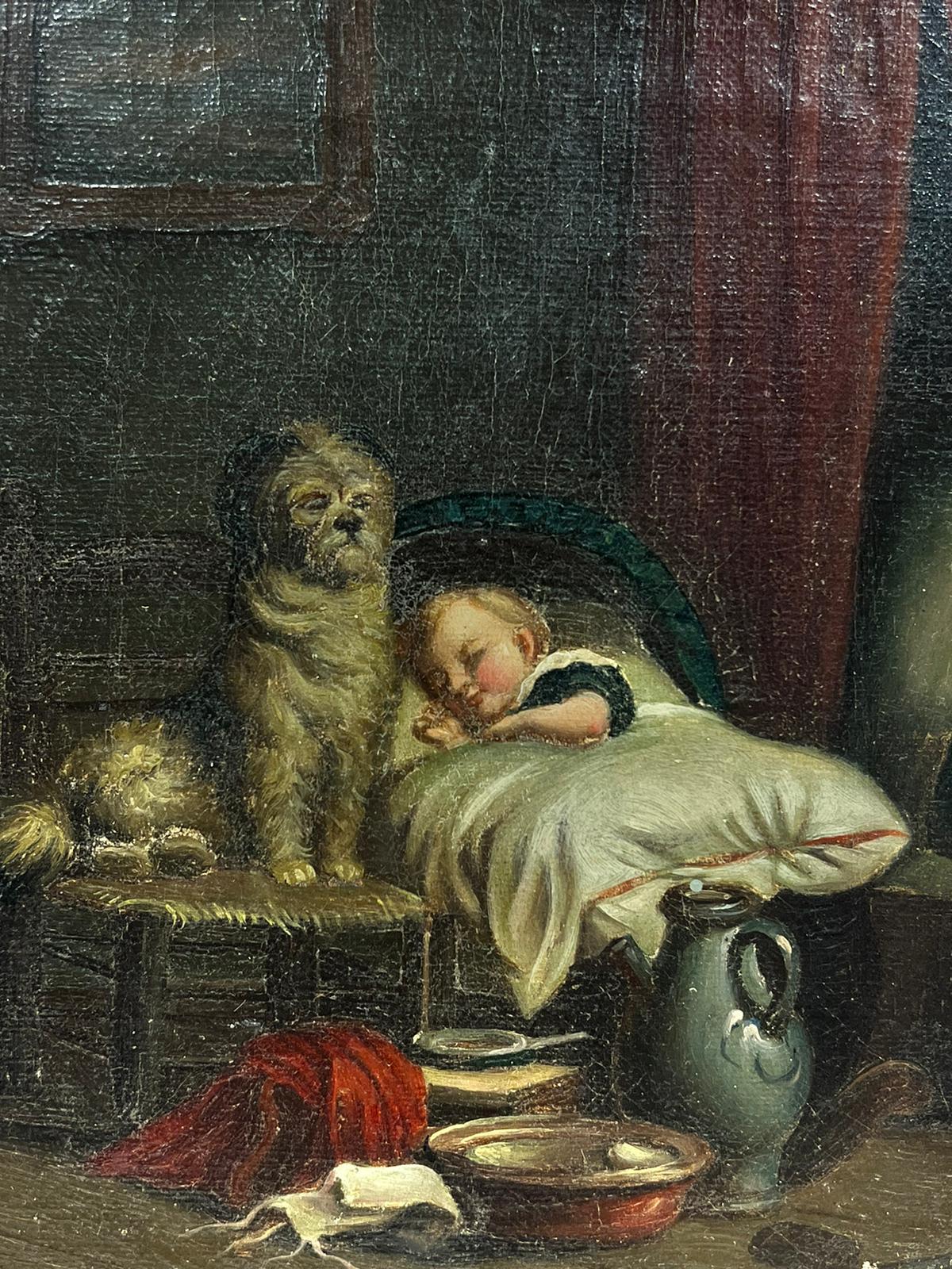 English School del XIX secolo raffigurante un bambino addormentato sorvegliato da un cane - Painting di 19th Century English School