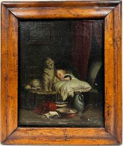 Antique 19th Century English School Of A Sleeping Child Being Watched Over By A Dog