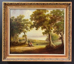 Antique English Oil Painting Figures Resting by River Woodland Landscape