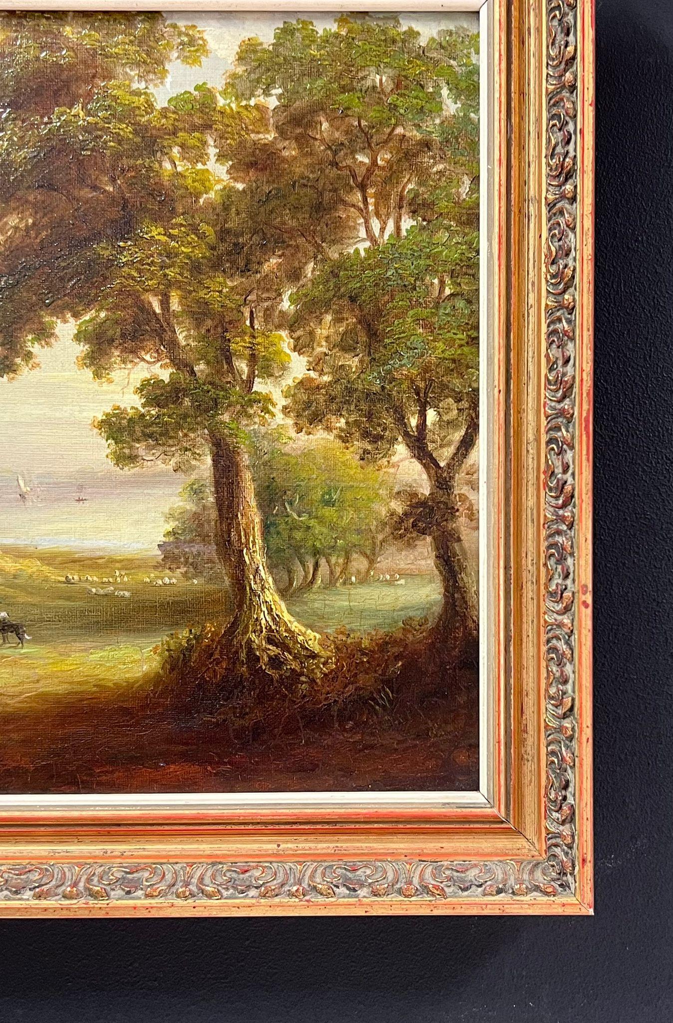 Antique English Oil Painting Figures Resting by River Woodland Landscape For Sale 1