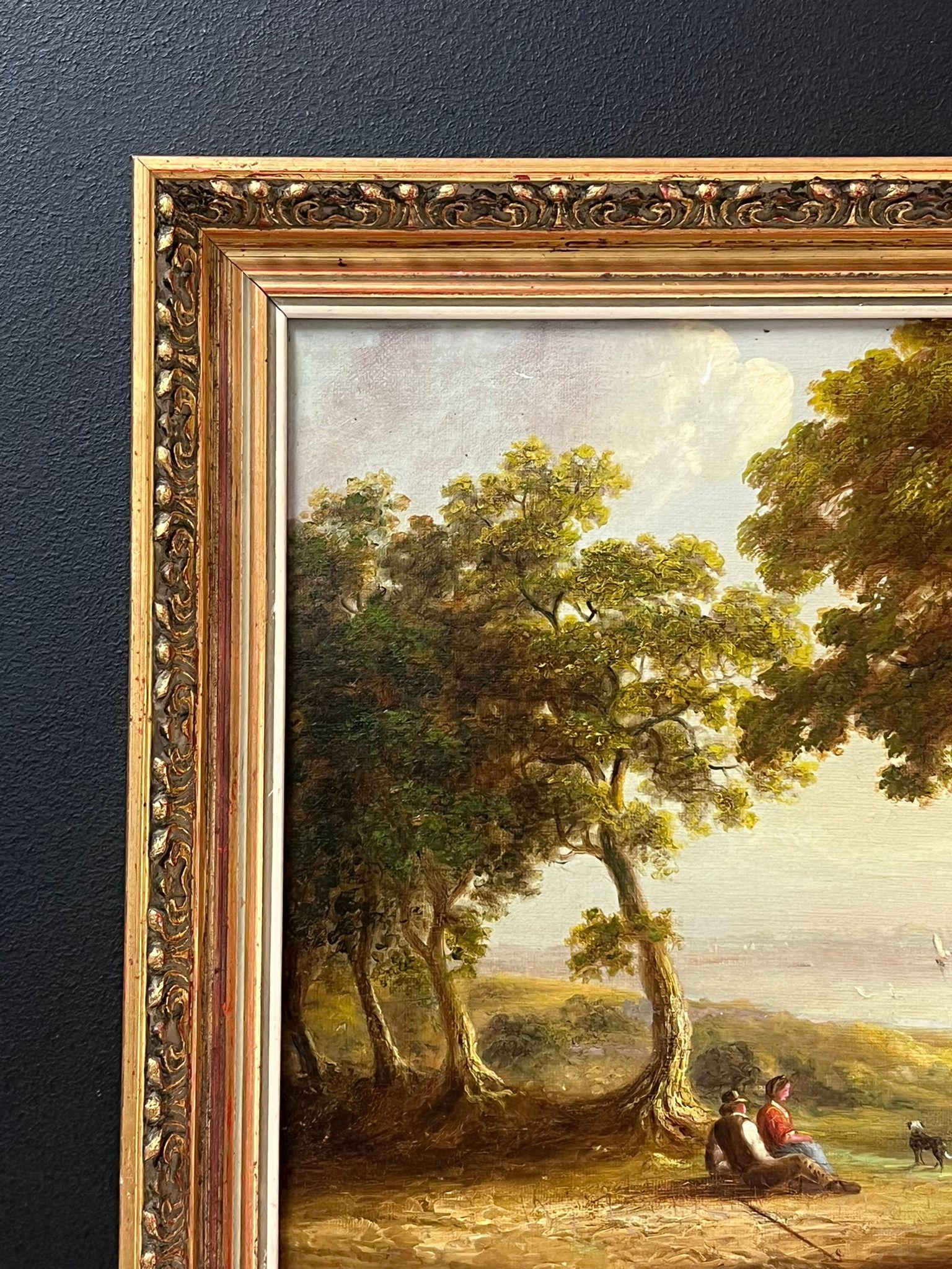 Antique English Oil Painting Figures Resting by River Woodland Landscape For Sale 2