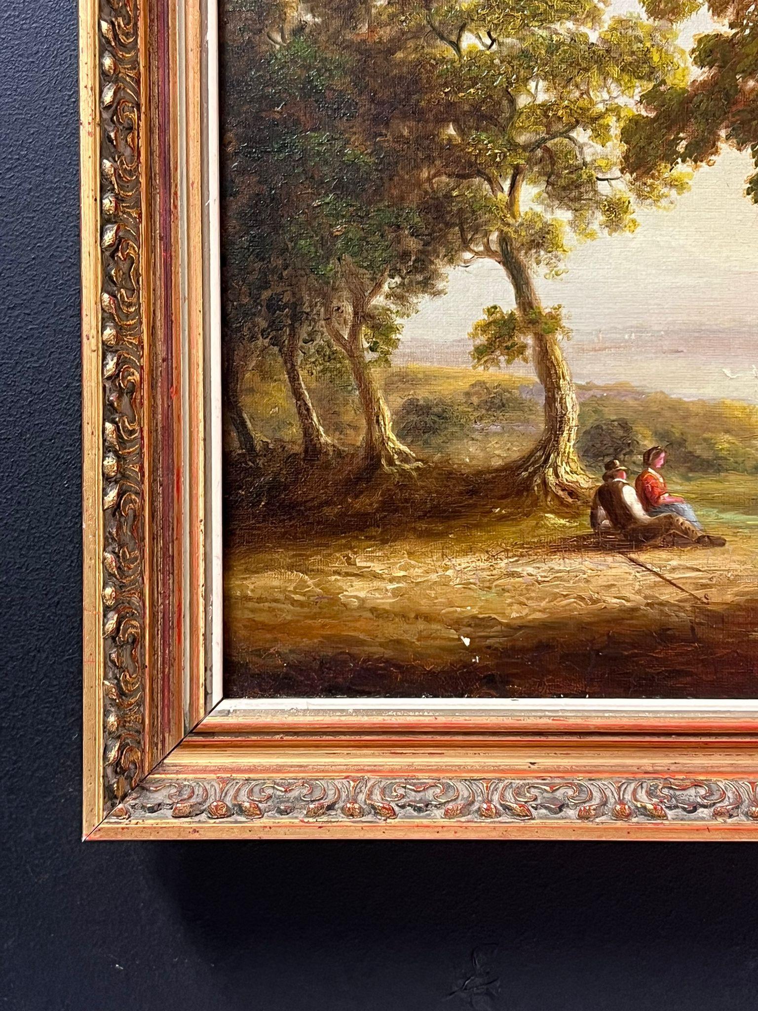 Antique English Oil Painting Figures Resting by River Woodland Landscape For Sale 3
