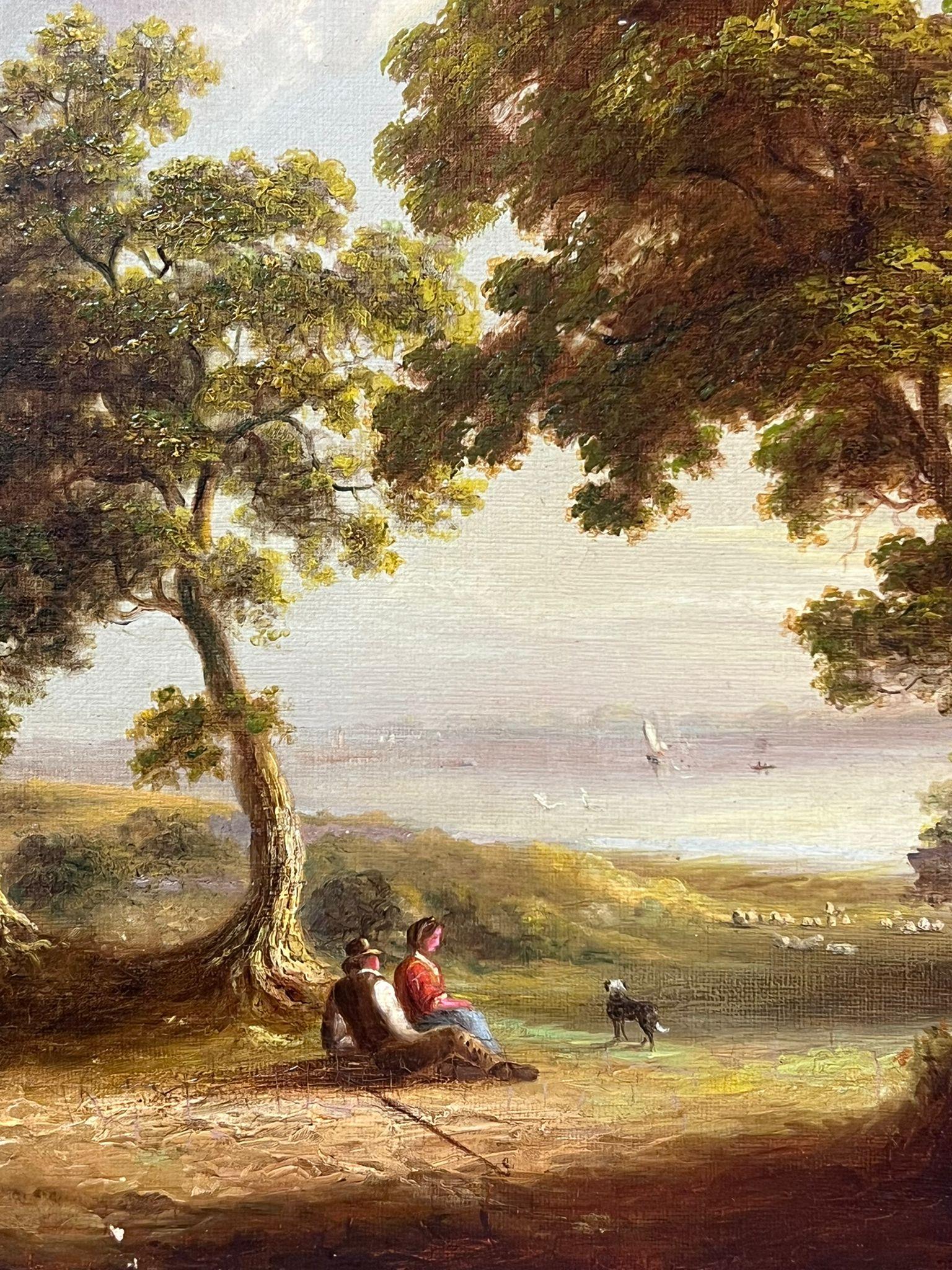 Antique English Oil Painting Figures Resting by River Woodland Landscape For Sale 4