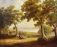 Antico dipinto a olio inglese Figure che riposano vicino al fiume Paesaggio boschivo