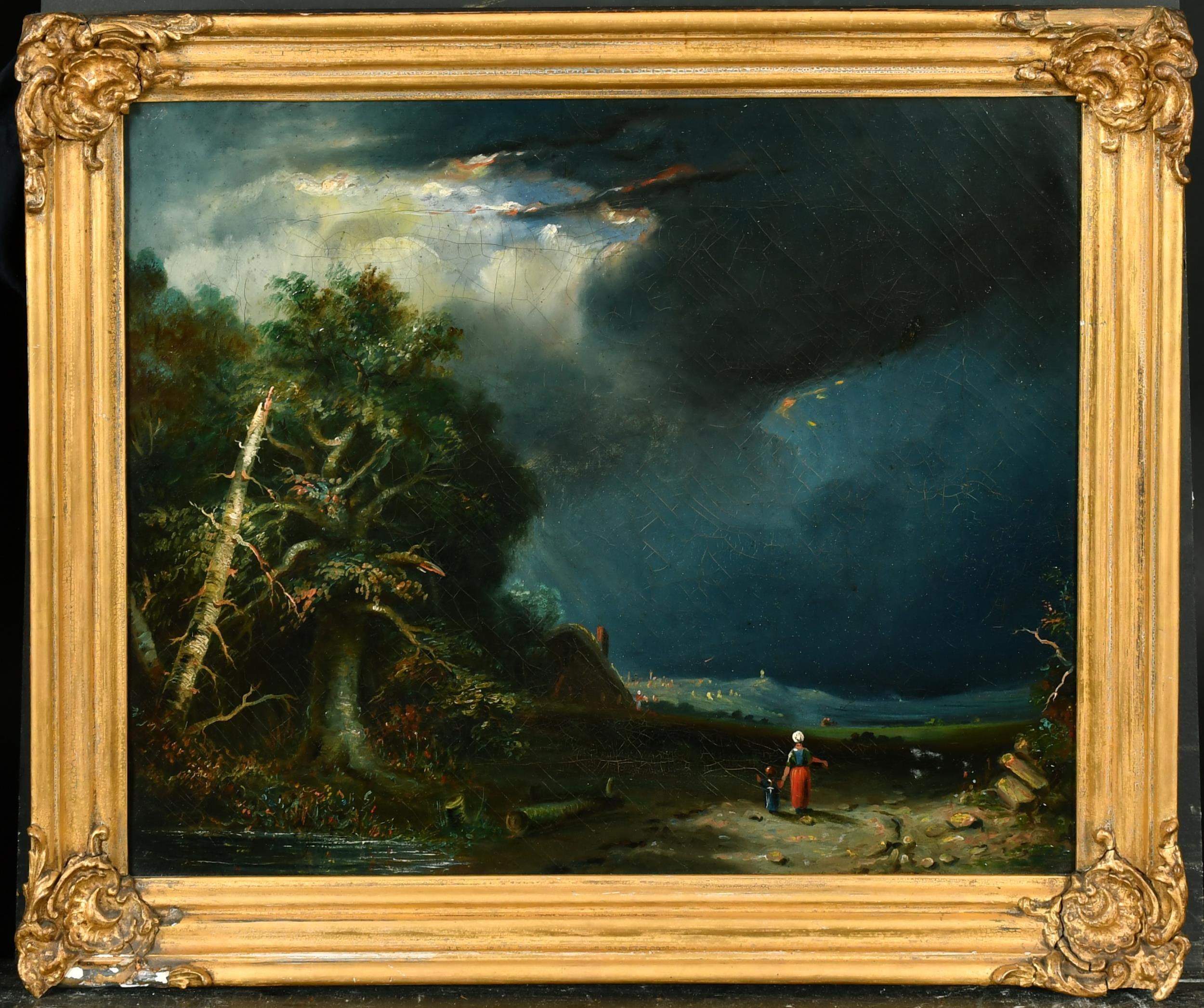 Circle of John Constable, olio inglese del 1830 circa, figure in un paesaggio tempestoso - Painting di 19th Century English School
