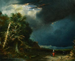 Circle of John Constable, olio inglese del 1830 circa, figure in un paesaggio tempestoso