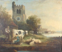 Early Victorian Oil Painting Cow Milking On A Riverbank with Church Beyond