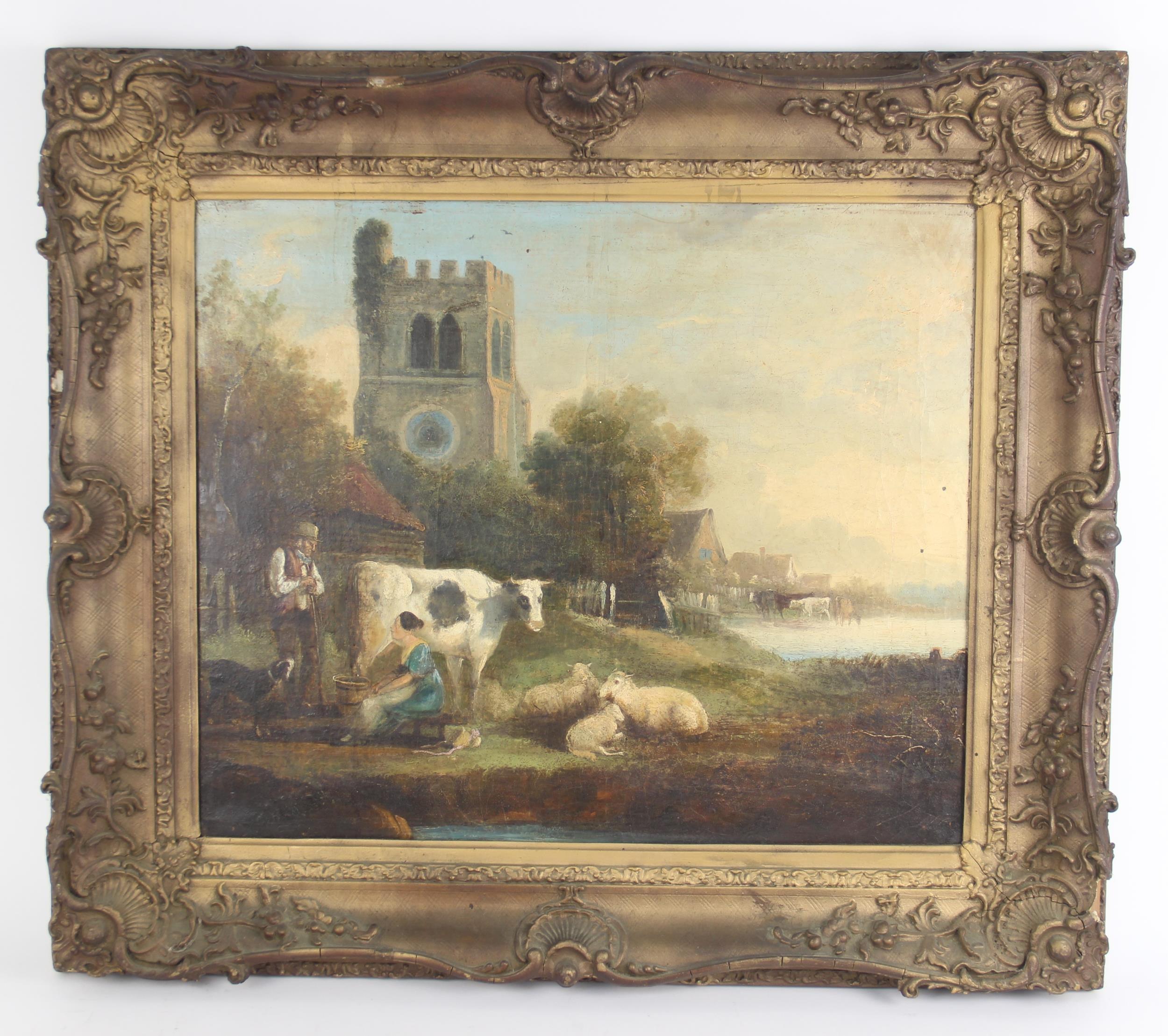 19th Century English School Figurative Painting -  Early Victorian Oil Painting Cow Milking On A Riverbank with Church Beyond