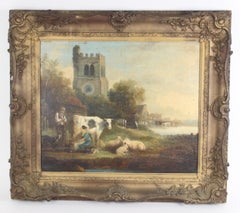  Early Victorian Oil Painting Cow Milking On A Riverbank with Church Beyond
