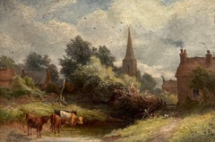 Fine English 19th Century Oil Painting Cattle by Stream Village Church & Houses