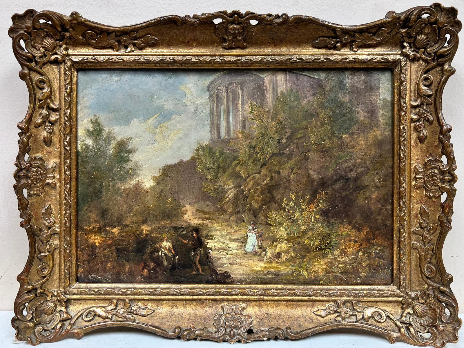 Peinture  l'huile de style Grand Tour victorien - Travellers at Temple of Vista at Tivoli - Painting de 19th Century English School