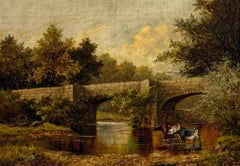 Framed Oil Painting, Victorian Landscape Cattle Watering by Stream & Bridge