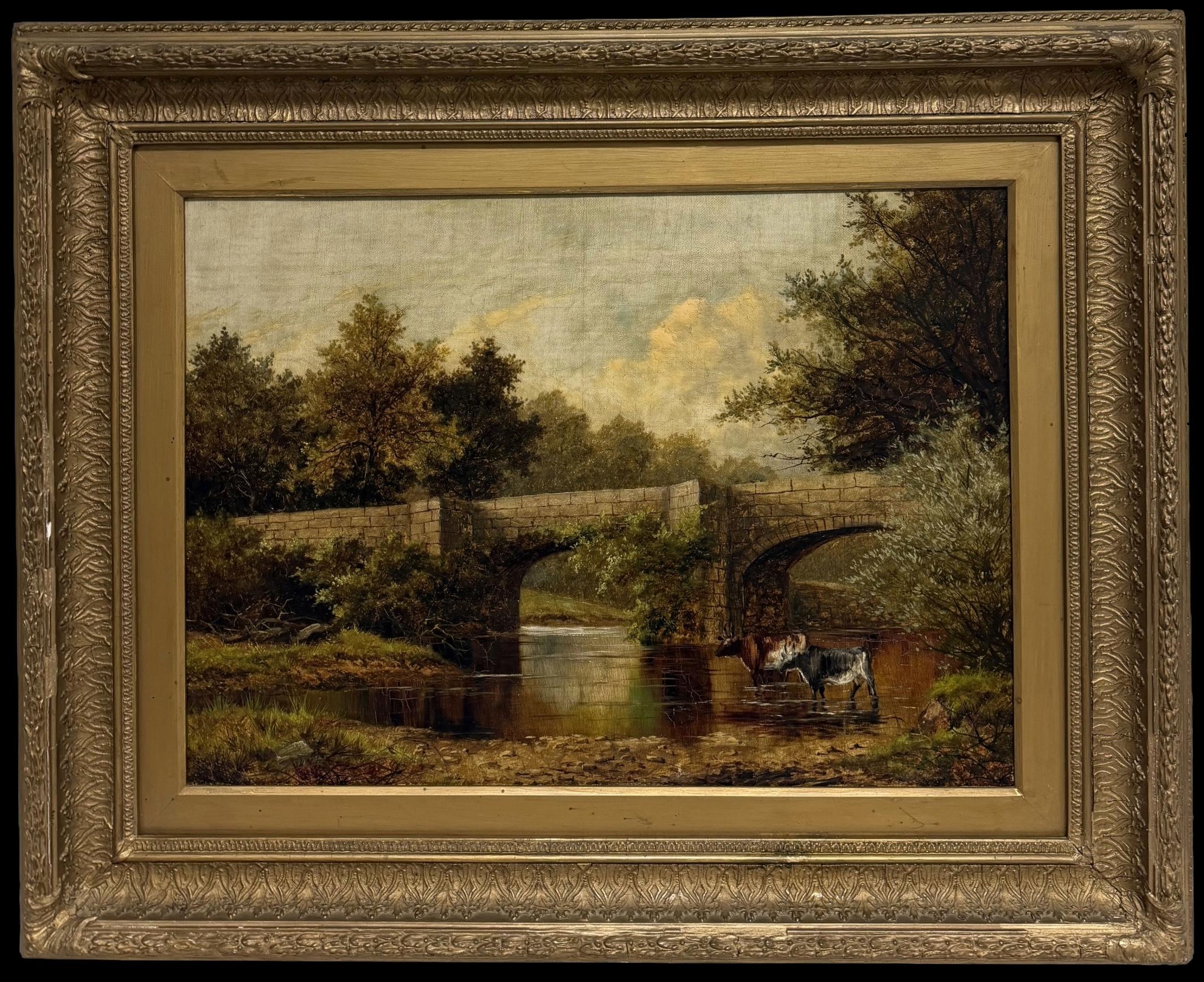Framed Oil Painting, Victorian Landscape Cattle Watering by Stream & Bridge