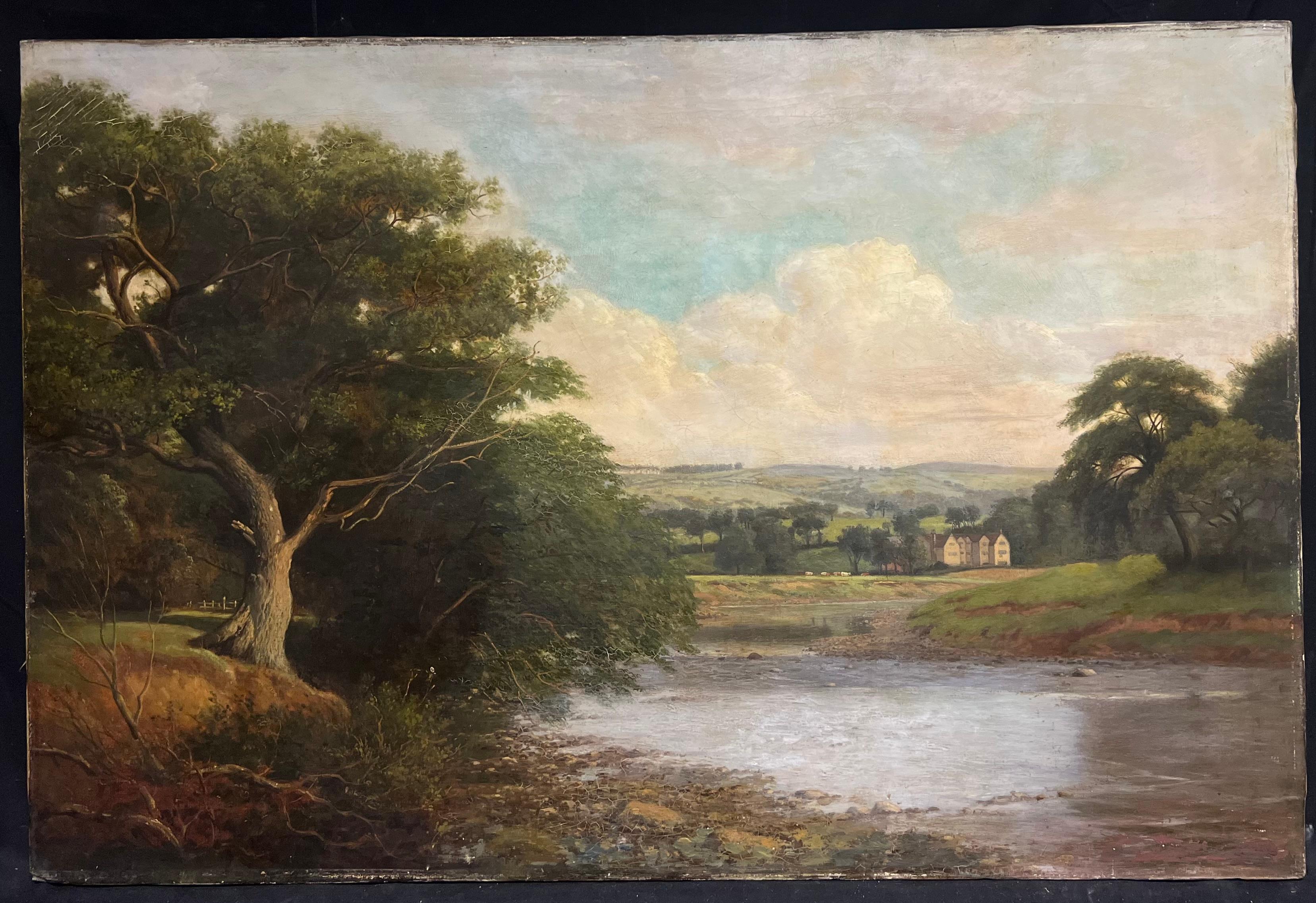 Large Tranquil River Landscape Serene Countryside Scene with 1600's Stately Home - Painting by 19th Century English School
