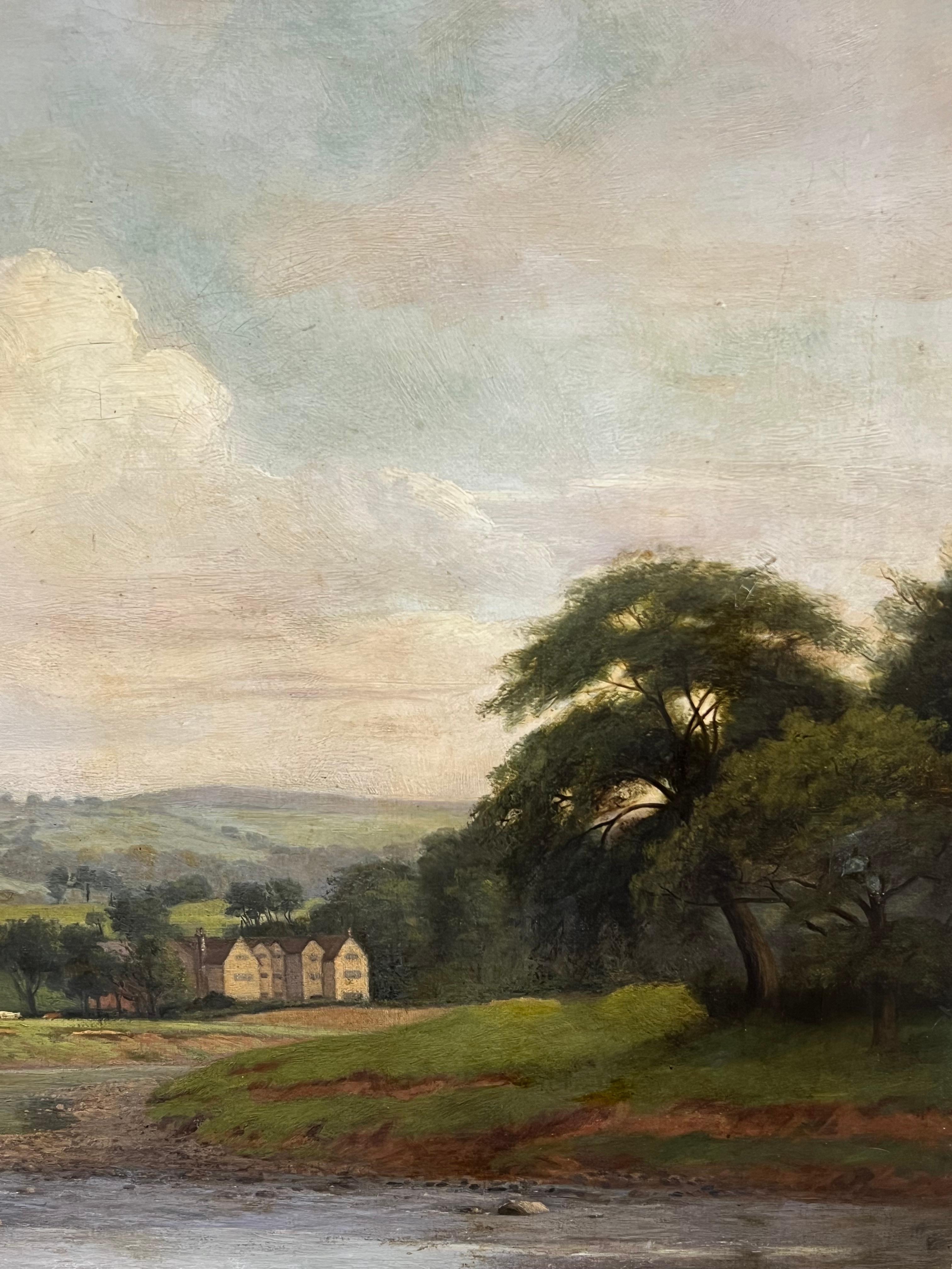 Large Tranquil River Landscape Serene Countryside Scene with 1600's Stately Home - Victorian Painting by 19th Century English School