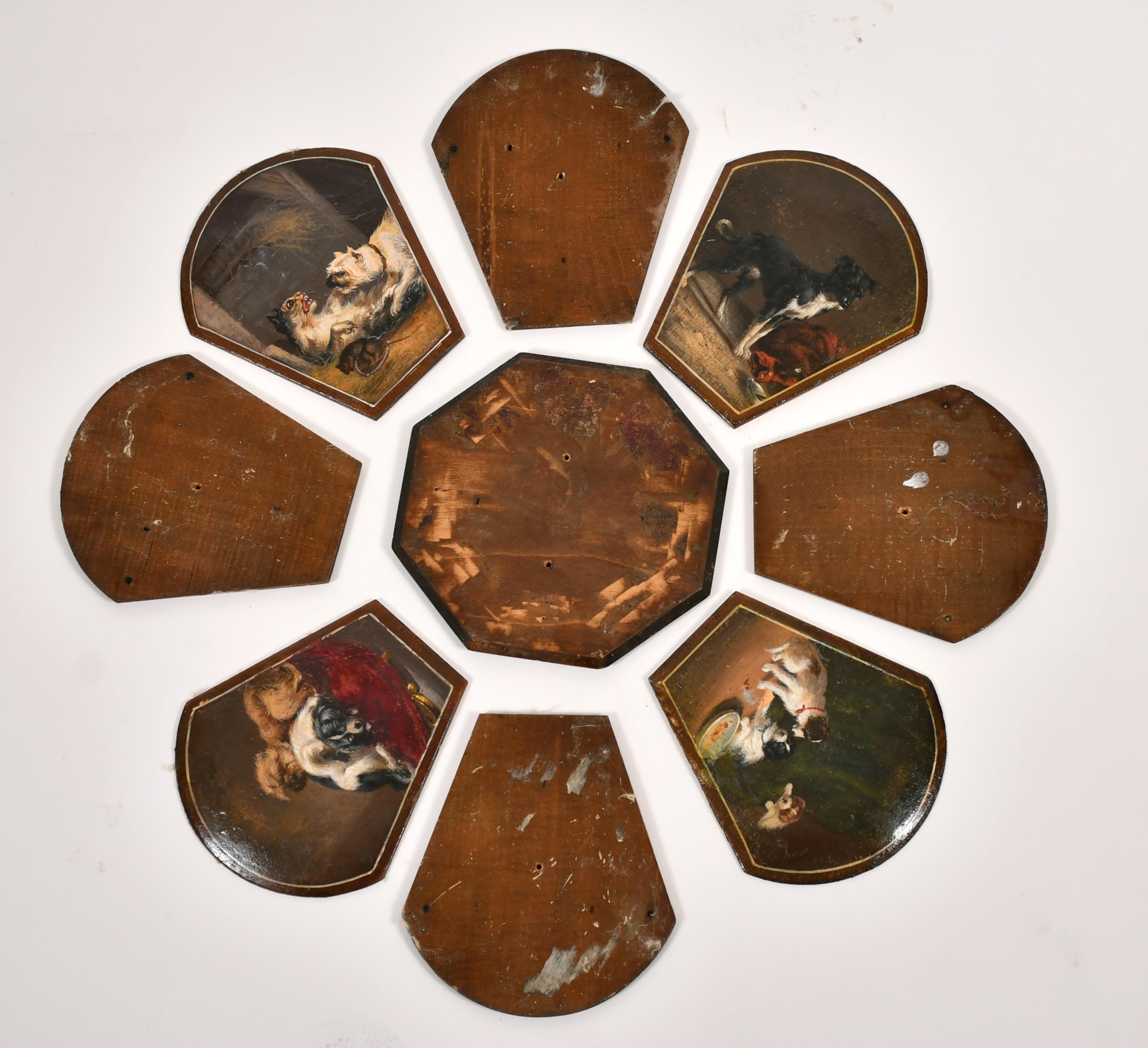 English School, 19th century 
Set of Nine (9) oil paintings depicting various dog breeds
oil on unframed panels, presumably either from a piece of furniture or a display. 
overall measurements approx: 13.5 x 13.5 inches
all in good condition, minor