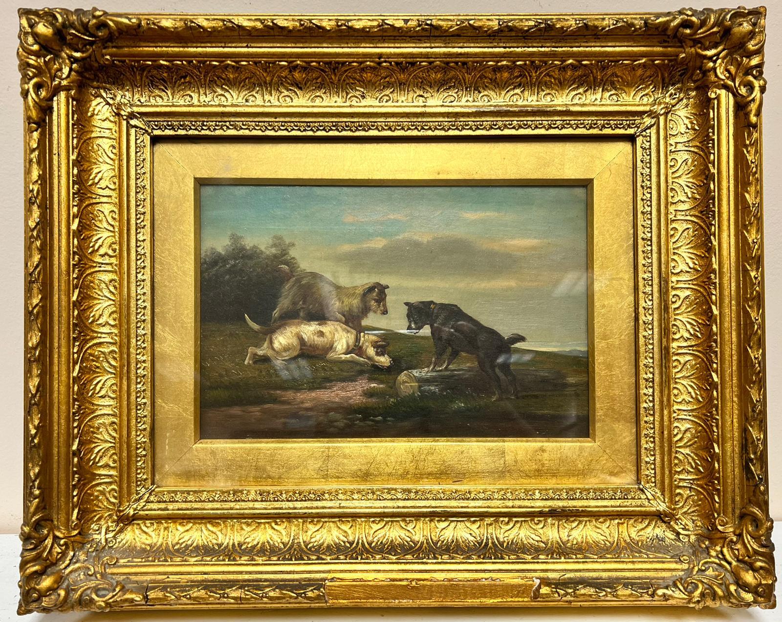19th Century English School Landscape Painting - Victorian English Dog Painting Three Dogs Exploring in an Open Landscape