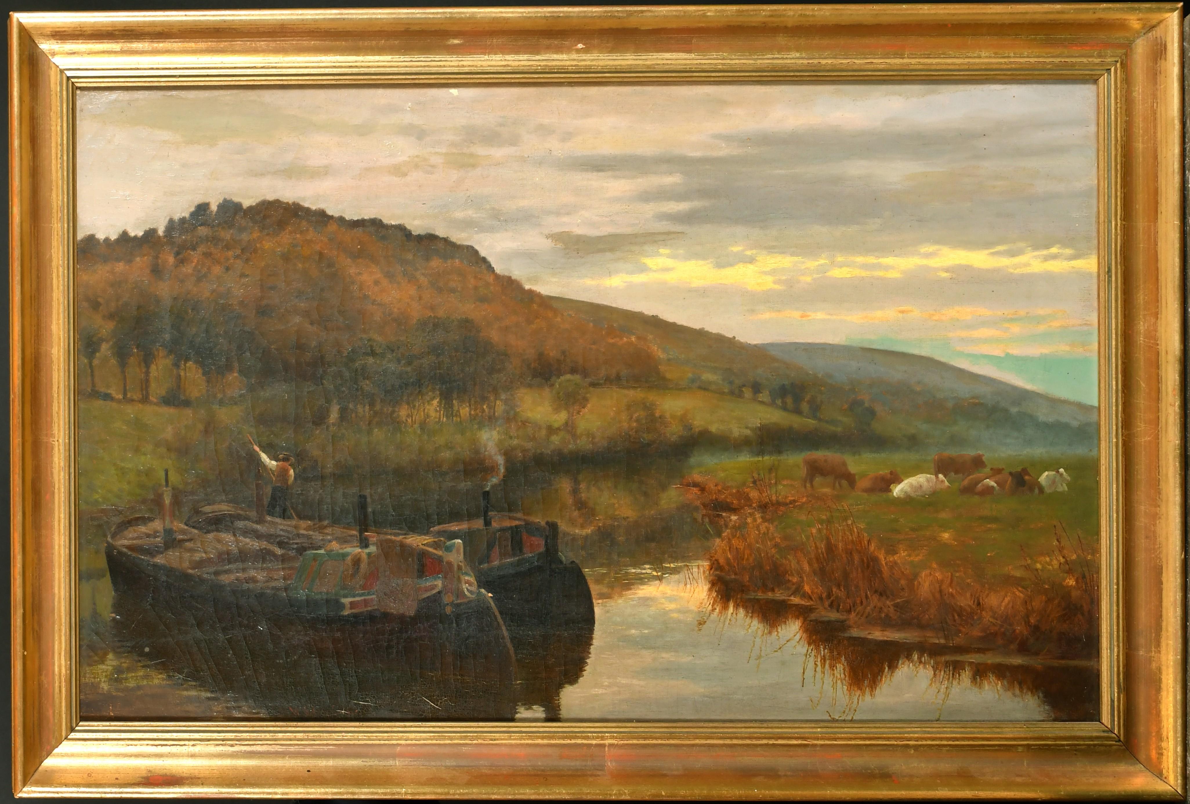 19th Century English School Figurative Painting - Victorian Oil Painting Barge Boats by Pastoral River Sunset Cattle Grazing