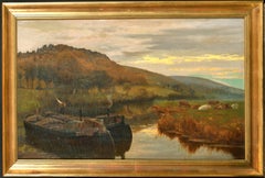 Antique Victorian Oil Painting Barge Boats by Pastoral River Sunset Cattle Grazing