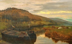 Victorian Oil Painting Barge Boats by Pastoral River Sunset Cattle Grazing