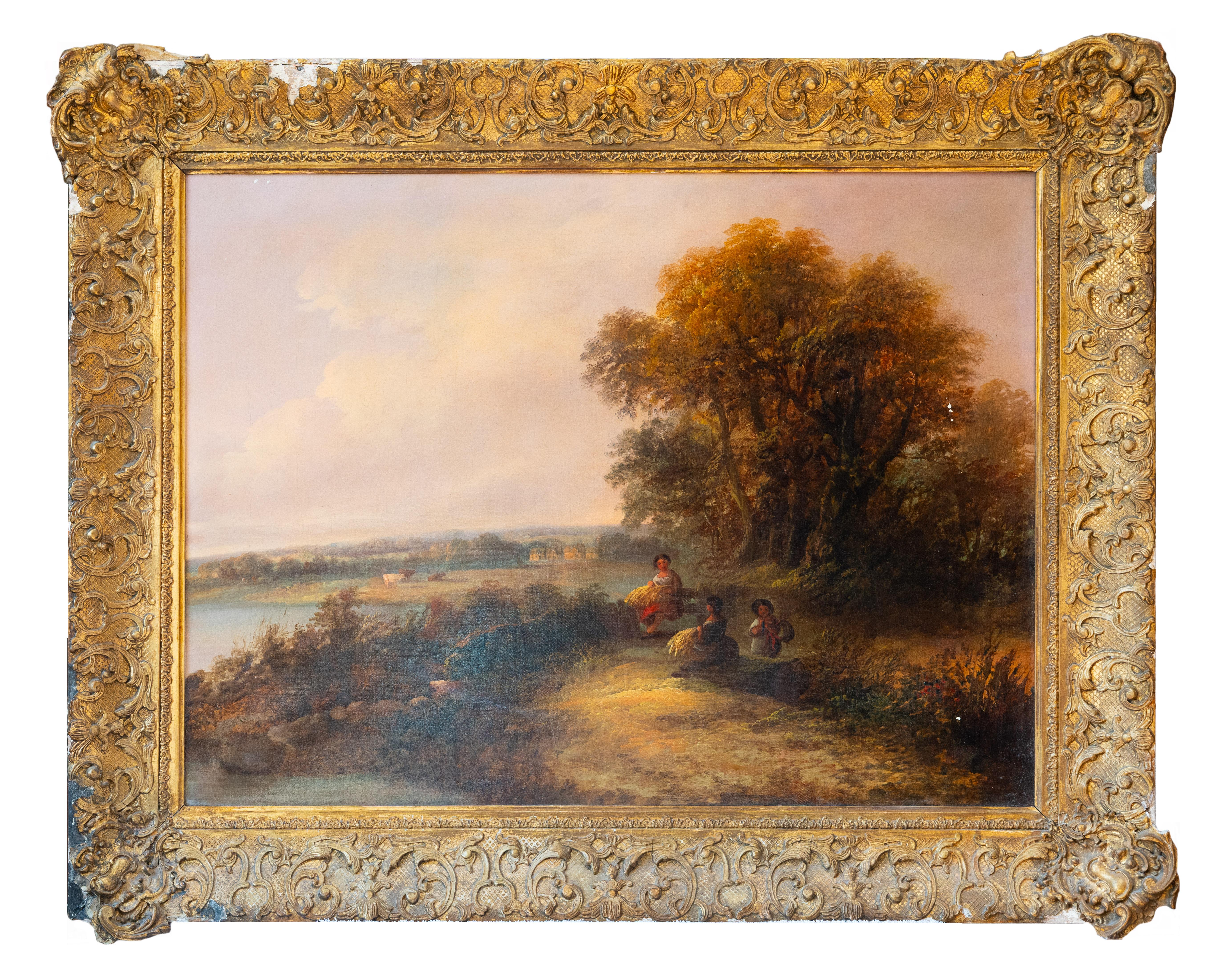 19th century classic English landscape with Children, cows and cottages.