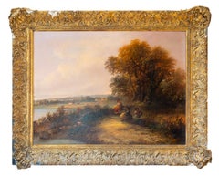 19th century classic English landscape with Children, cows and cottages.