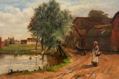 Charming English Rural Farmyard Scene with Ducks Figures & Cottage Oil Painting